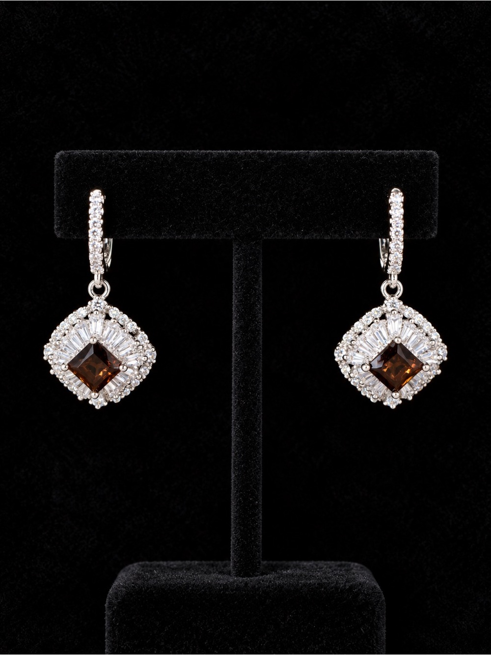 Brown Gemstone Halo Drop Earrings